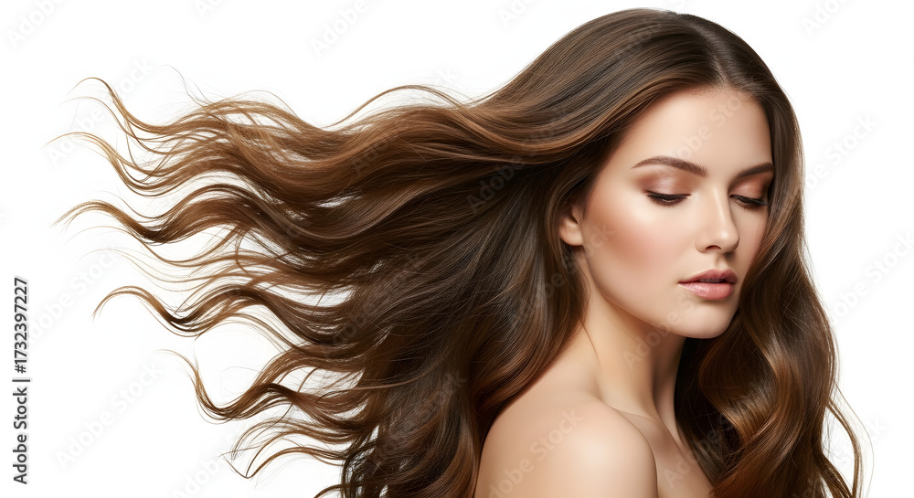 Obraz premium Stunning brunette woman with flowing, healthy hair in soft studio light, embodying beauty and elegance for haircare and fashion campaigns