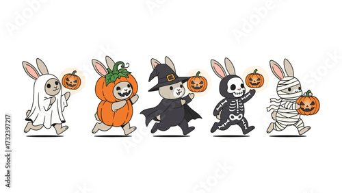 Whimsical Halloween Bunnies: A delightful array of charming bunnies, each adorned in unique and festive Halloween costumes, cheerfully carrying glowing jack-o'-lanterns