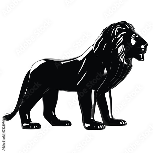 A sleek glossy black lion statue with a flowing mane stands majestically against a clean white background symbolizing power and elegance