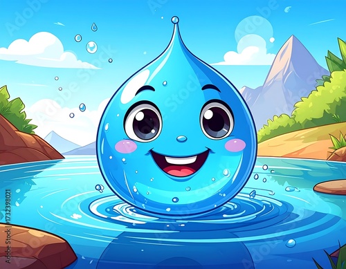 Cute water drop character in a tranquil lake scene
