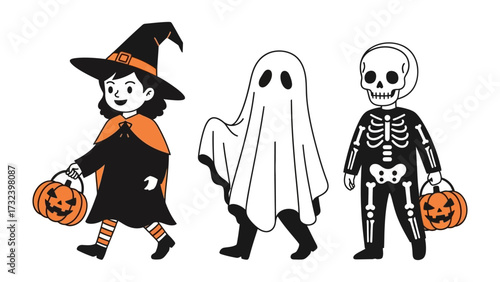 Halloween Parade: A group of children in adorable costumes eagerly walking towards Halloween festivities, each clutching their festive pumpkin baskets, embodying the spirit of Halloween.