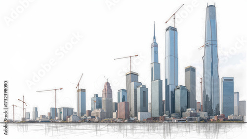 Modern skyline featuring skyscrapers under construction, showcasing architectural development and urban growth