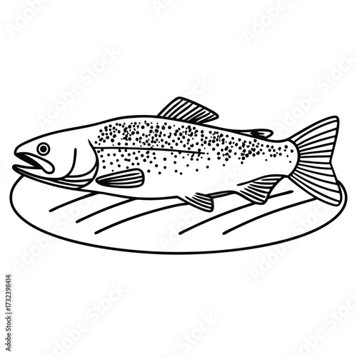 A simple line art illustration of a whole trout fish with black spots resting on a platter with grill marks