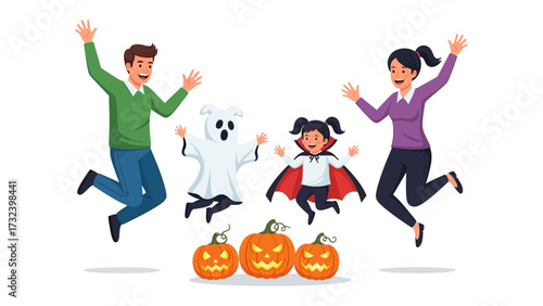 Halloween Family Fun: A spirited family, dressed in festive costumes, leaps for joy alongside carved pumpkins. Embracing the spooky season, this illustration radiates cheer and the magic of Halloween.