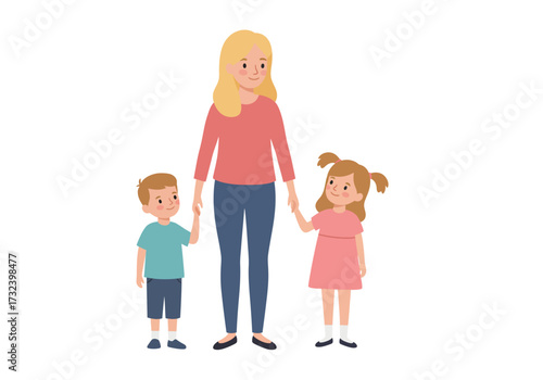 A cartoon depicts a woman holding hands with a boy and a girl