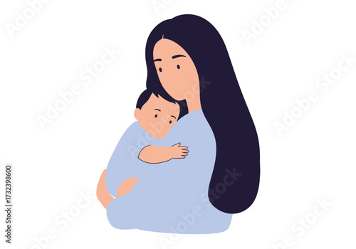 A mother holds a baby with both arms The mother has long dark hair
