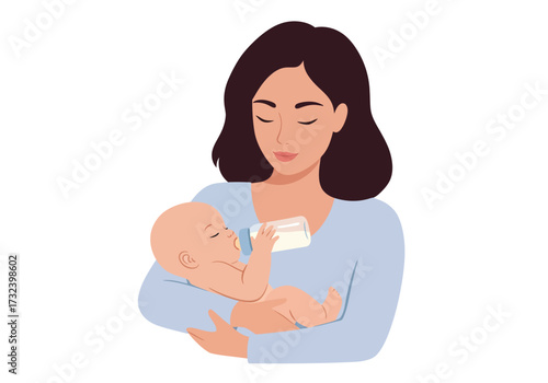 A mother is holding a baby and feeding it with a bottle