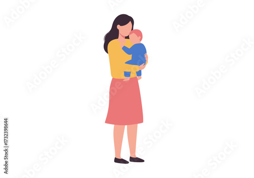A mother in a yellow top and skirt holds a baby in a blue shirt