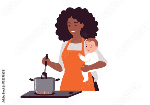 A parent holding a baby cooks on a stove
