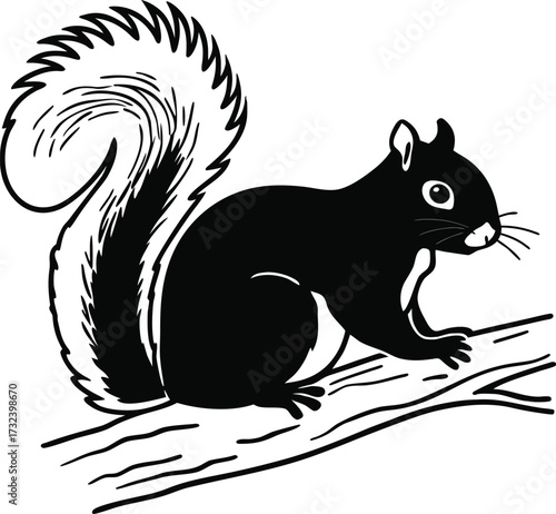 Minimalist outline drawing of a fluffy tailed squirrel sitting on a branch holding a nut with white lines on a black background
