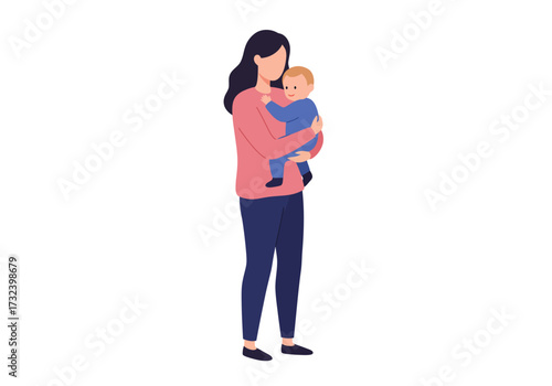 A person with dark hair wearing a pink sweater and dark blue pants holding a baby