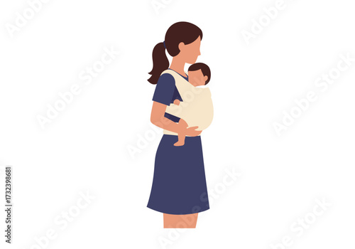 A person with dark hair in a ponytail holding a baby in a light colored carrier