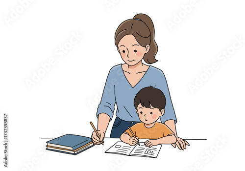 A woman assists a young boy with his homework at a table