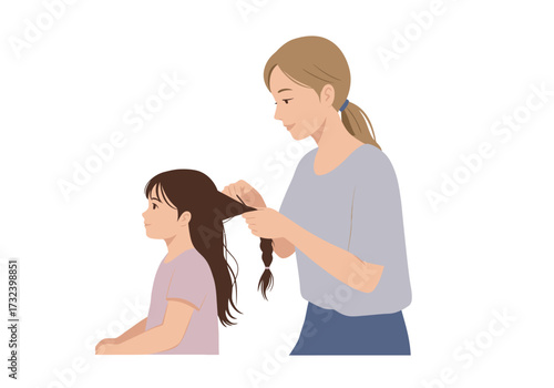 A woman braids a childs hair They both have light skin