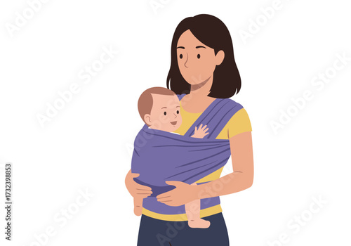 A woman carrying a baby in a purple sling