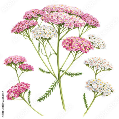 Watercolor achillea millefolium flowers in pink and white with detailed foliage isolated on white background