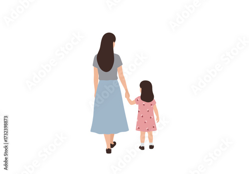 A woman  child are walking away holding hands