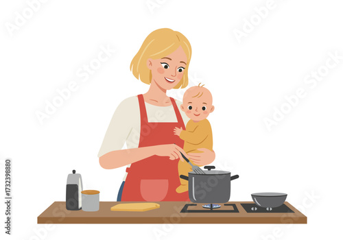 A woman cooks holding a baby stirring a pot on a stovetop in what appears to be a kitchen