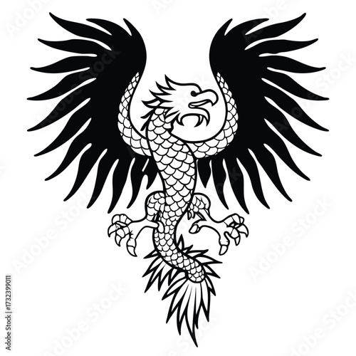 Stylized black and white heraldic dragon with large feathered wings spread wide and sharp talons gripping unseen prey in a majestic pose