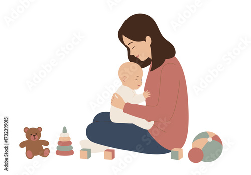 A woman holds a baby surrounded by a teddy bear pyramid stacker blocks and a ball