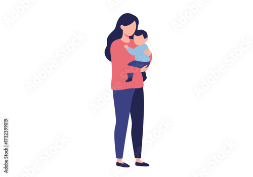 A woman holds a baby in her arms standing in a neutral setting