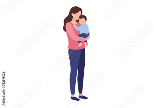 A woman holds a baby in her arms both faceless in a flat design