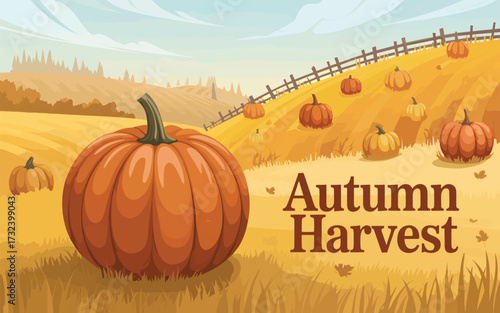 Large orange pumpkin in a field with autumn harvest text