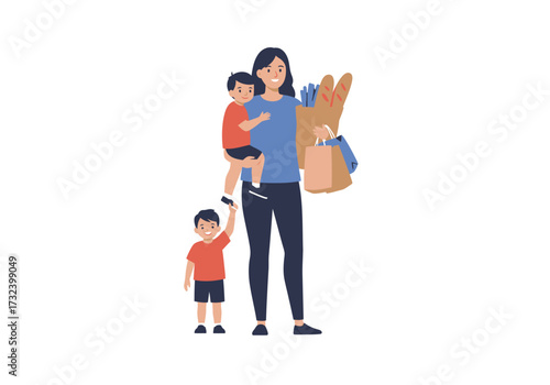 A woman holds a child bags of groceries and stands near another child