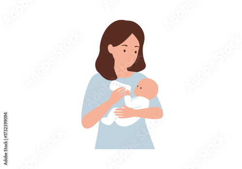 A woman in a light blue shirt bottlefeeds a baby in a white onesie