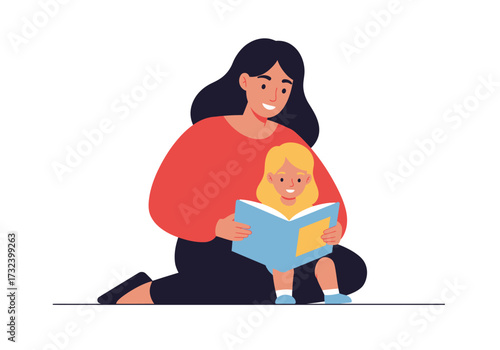 A woman reads a book with a child on her lap