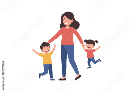 A woman walks with two children in blue jeans and happy faces