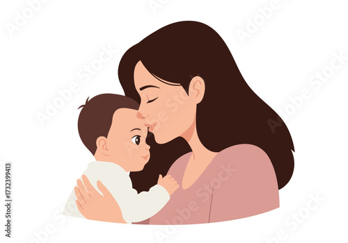 A woman with dark hair kisses a baby on the head holding it close