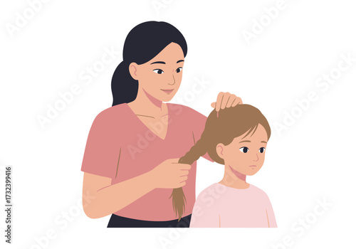 An adult braids a childs hair both wear pink shirts