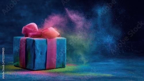 Blue gift box with pink ribbon, colorful powder explosion