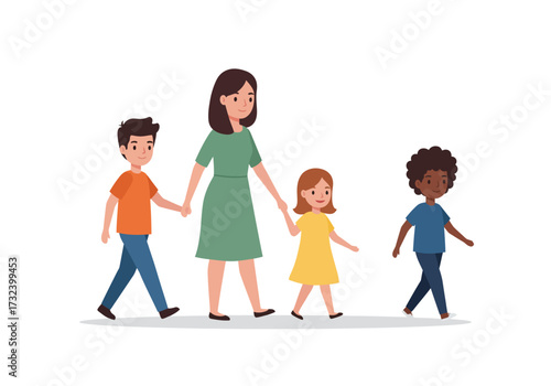 An adult holds the hands of two children walking beside a third child in a cartoonlike image