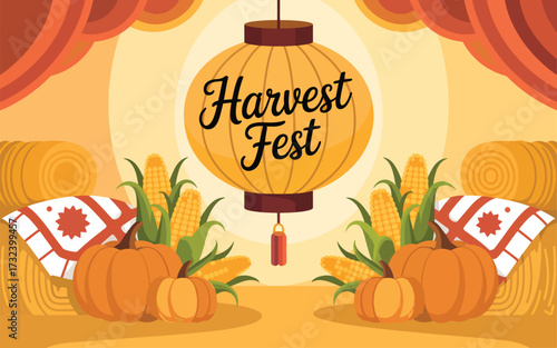 Orange Harvest Fest Lantern With Pumpkins Corn and Hay Bales