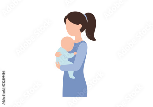 An illustration depicts a woman in a blue dress holding a baby in her arms