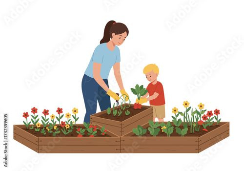 Mother  child gardening planting new plants in a wooden garden bed filled with flowers  small vegetation