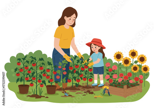 Mother and child gardening tending to tomatoes roses and sunflowers in a vibrant outdoor garden setting