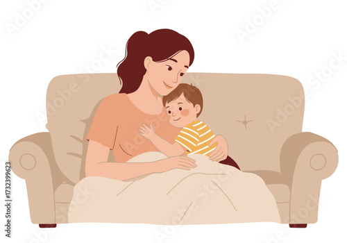 Mother and child are sitting on a sofa sharing a tender moment under a blanket