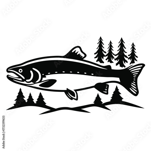 Stylized black and white illustration of a salmon swimming in a river with pine trees on the banks representing nature and outdoor activities