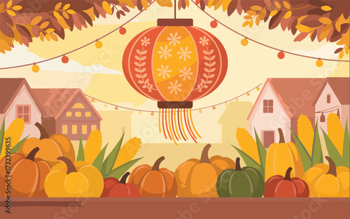 Autumn harvest scene with pumpkins corn and lantern