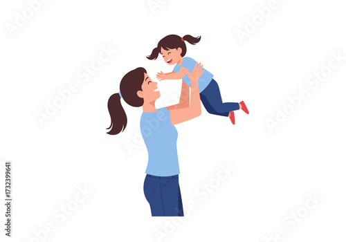 Mother holding happy child up high both smiling