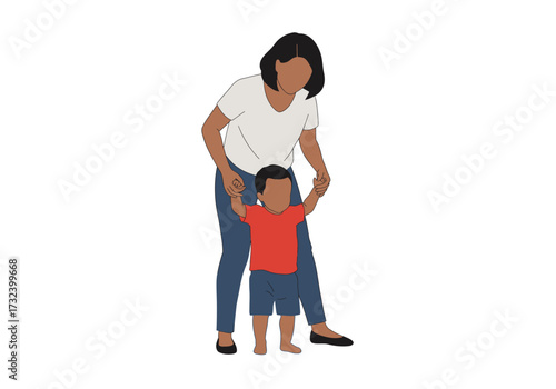 Mother holds toddlers hands as he walks both are faceless in flat vector style on a plain white background