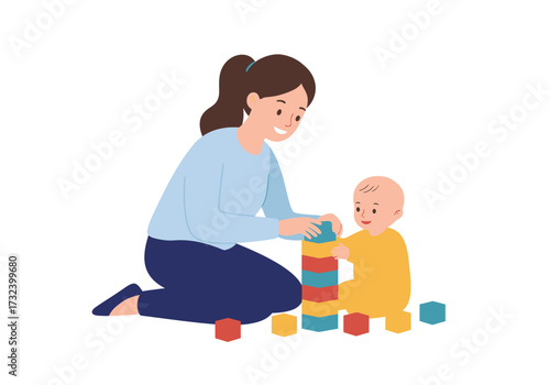 Woman and baby play with colored building blocks constructing a tower