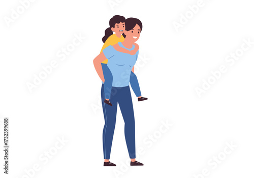 Piggyback ride a woman carries a child