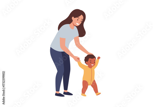 Woman helping toddler walk both smiling isolated on white