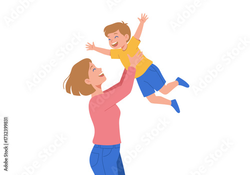 Woman holding child in air both smiling joyous moment