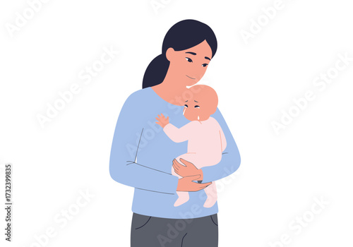 Woman holding a crying baby possibly mother and child