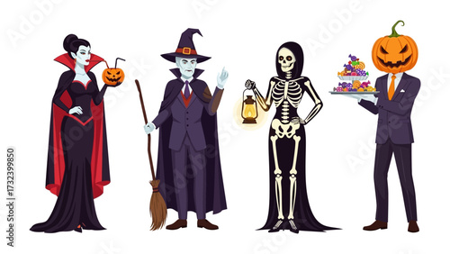 A Spooky Halloween Gathering: A bewitching quartet of Halloween figures come together, the Vampire, the Witch, the Grim Reaper, and a pumpkin-headed ghoul, each ready for a night of eerie adventure.